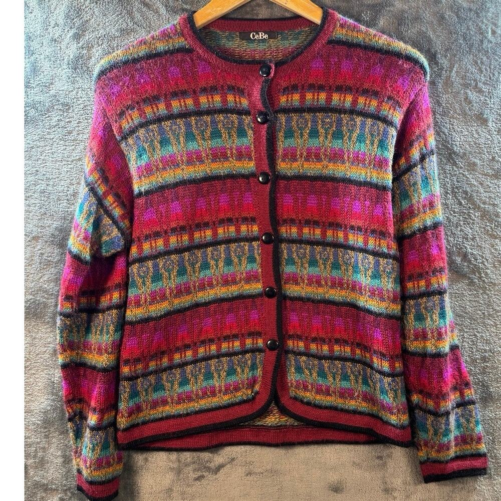 VTG 90s CeBe knitted crewneck cardigan Fair Isle geometric pattern XS Multi